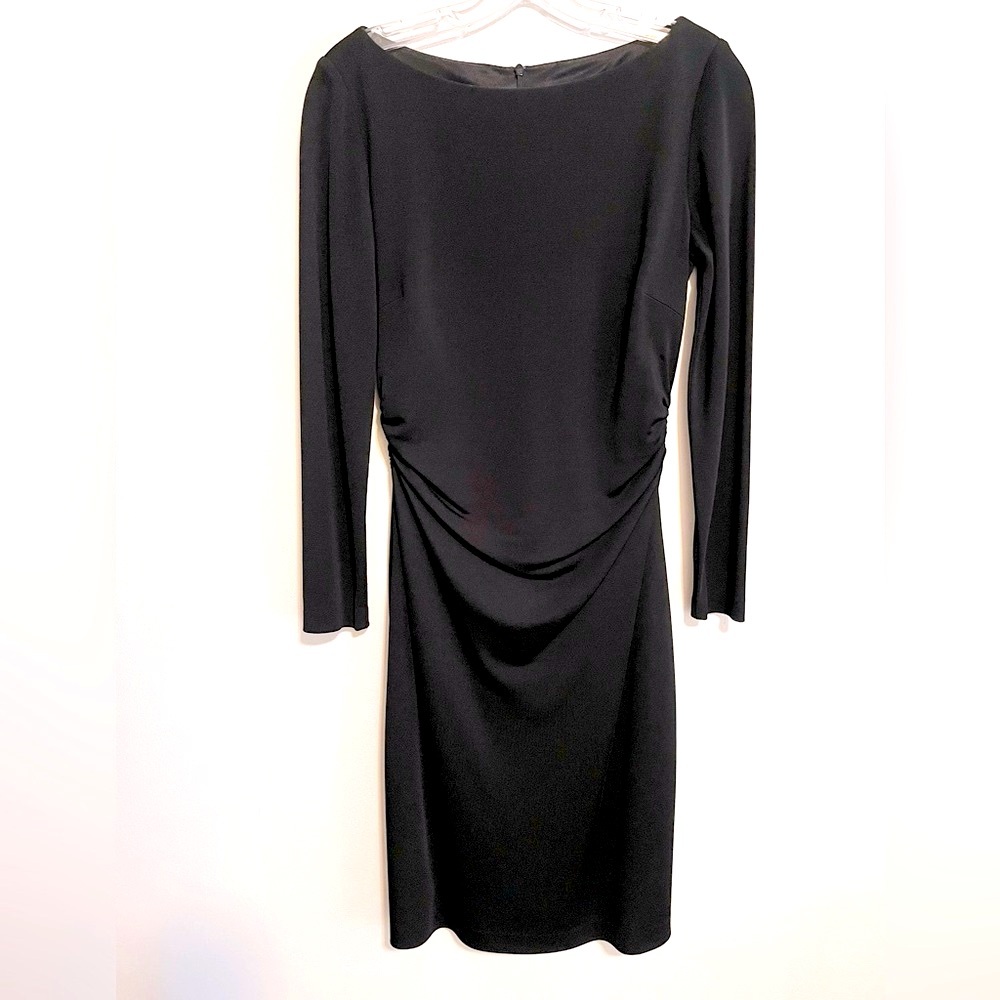 Vintage David Meister Black Cocktail Evening Sheath Dress with Ruching Size 6